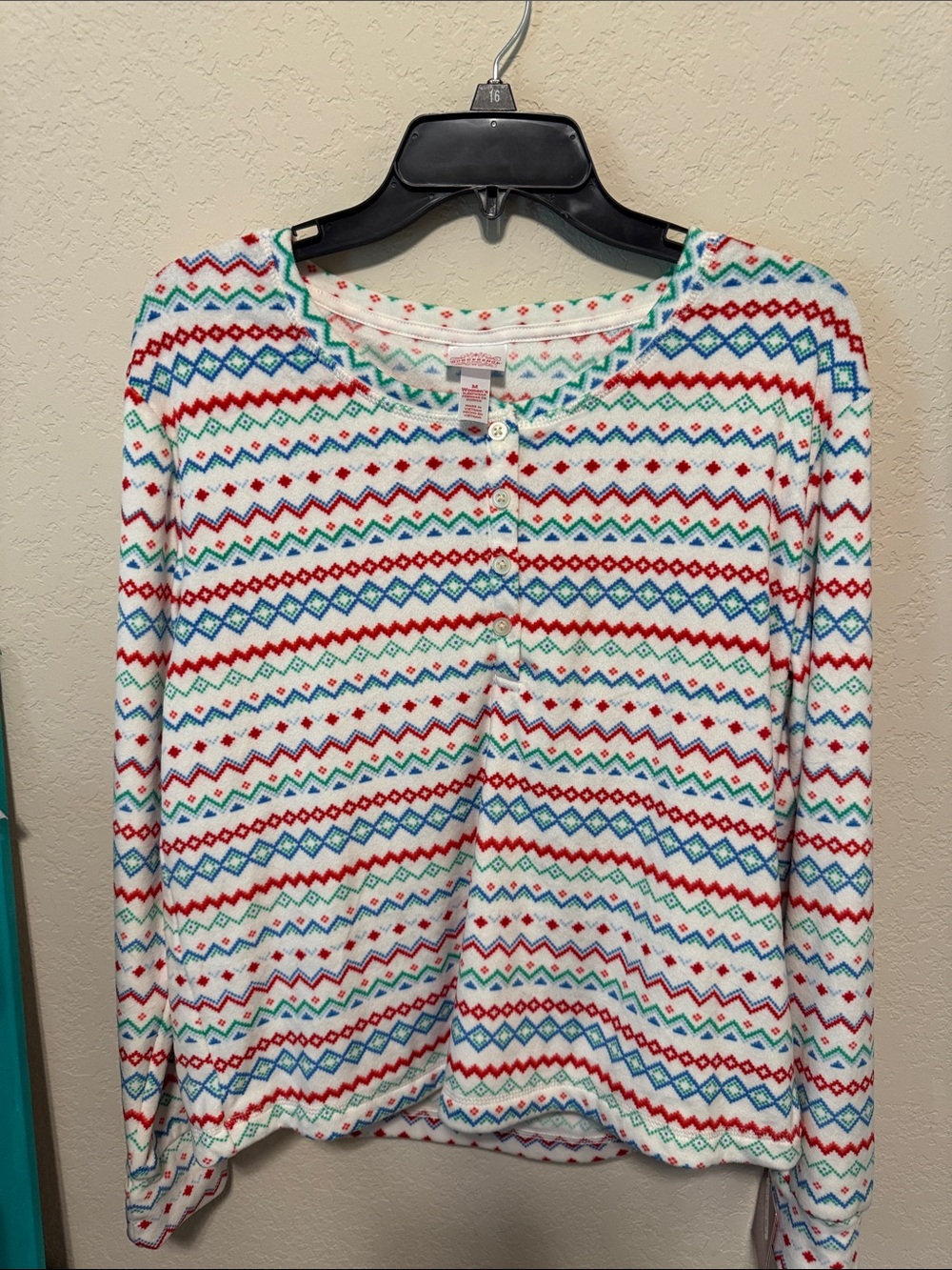 Women's Pajama Top Isle Button-Front Cardigan - White with Red, Blue & Green